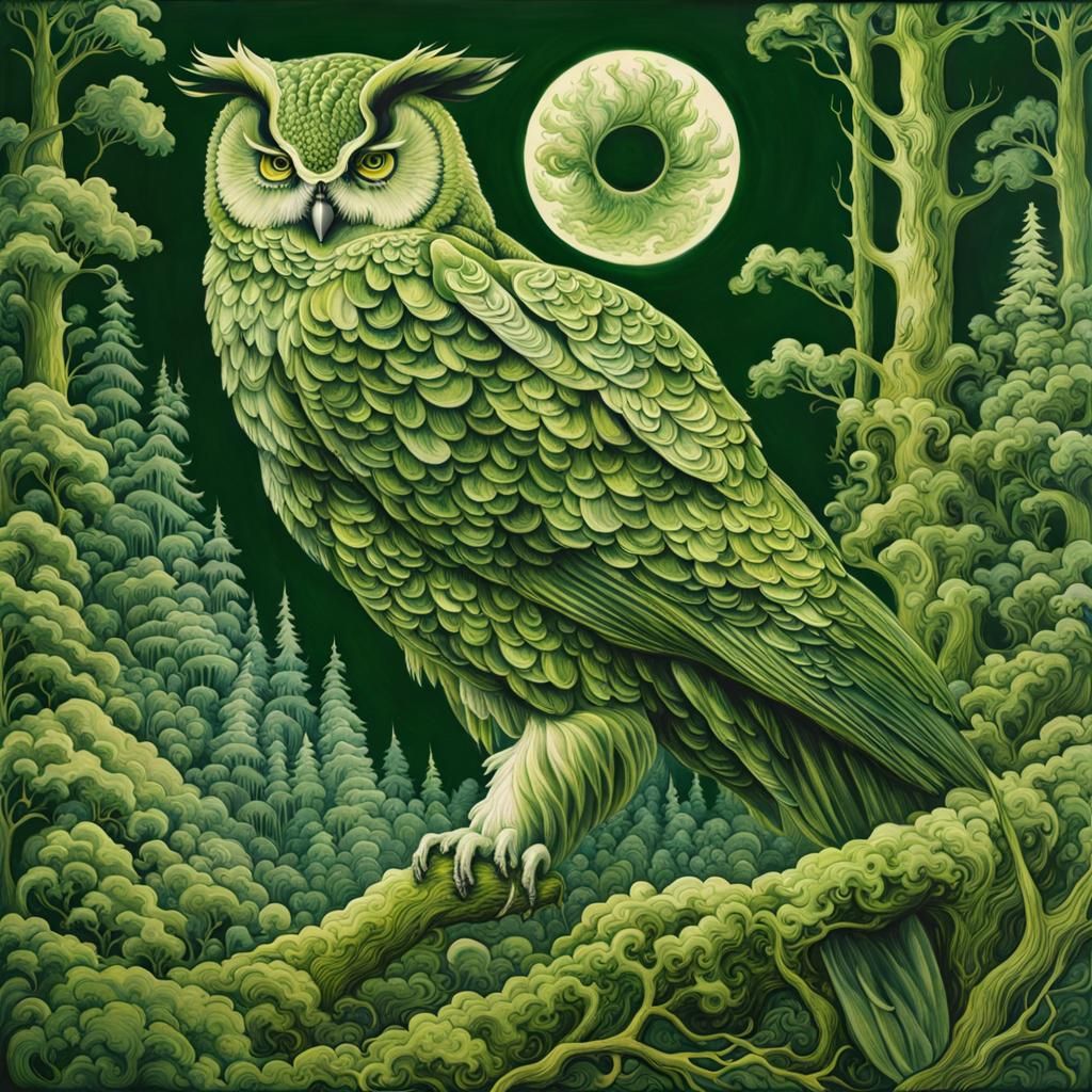 Monochrome Owl in Forest, Moss Green Palette