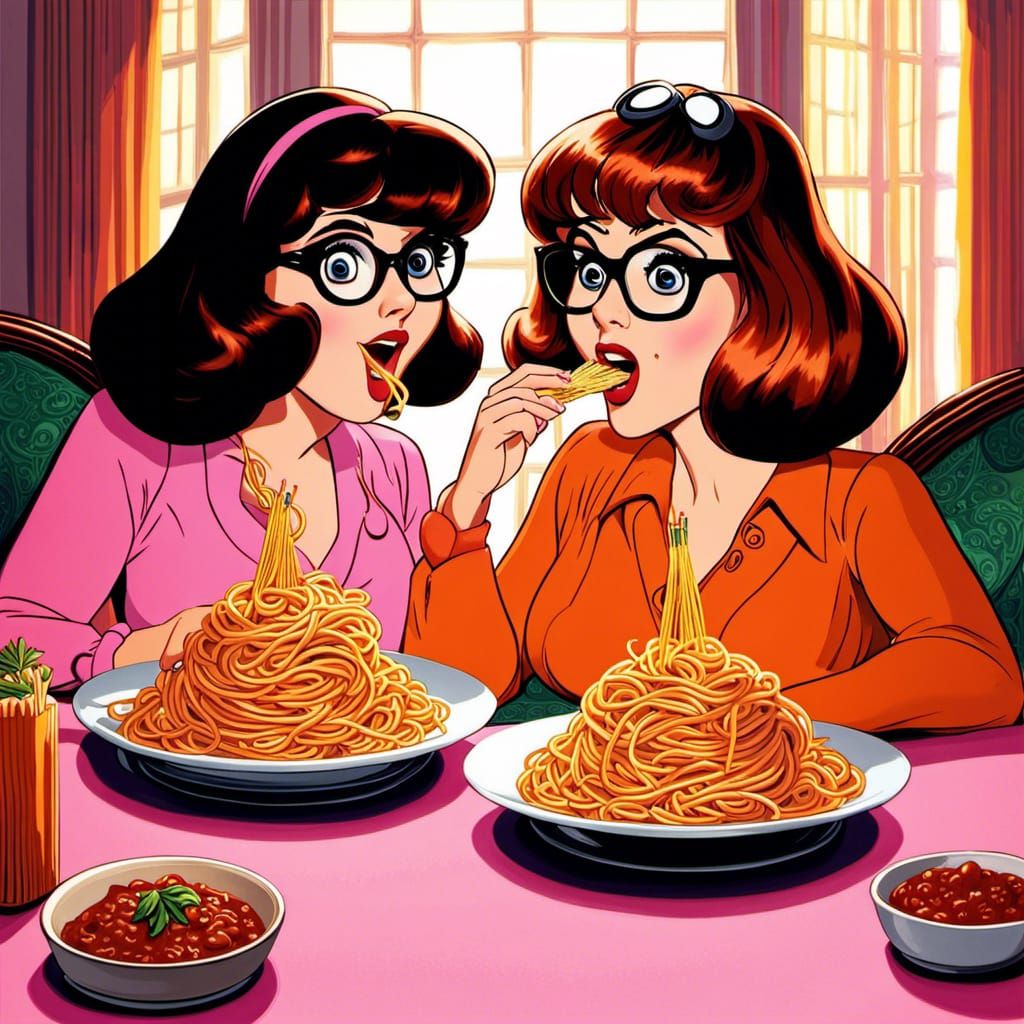 Daphne and Velma Spaghetti Kiss: Photorealistic Digital Art