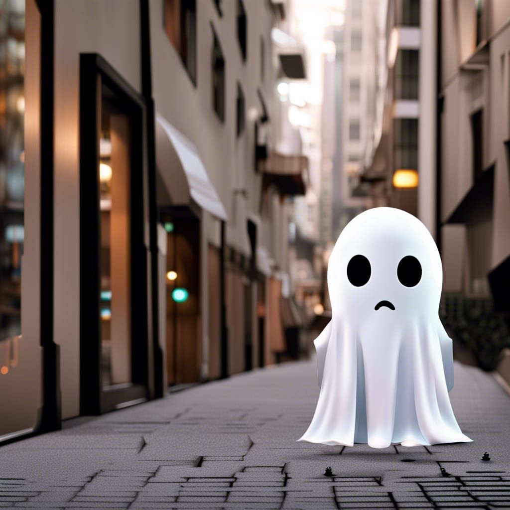 Sad Ghost Haunts Hypermodern City at Night