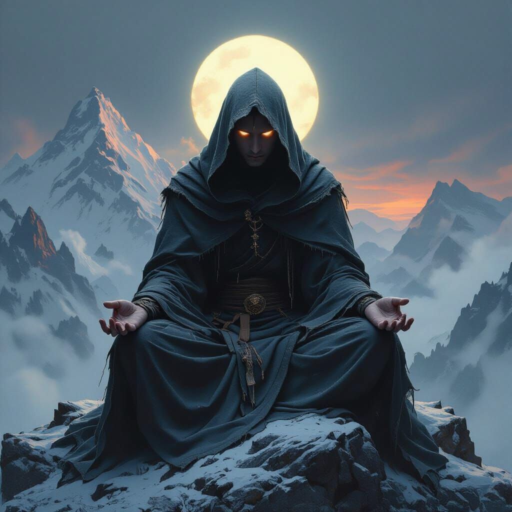 Spectral Monk Meditates on Windswept Mountain in Dark Fantas...