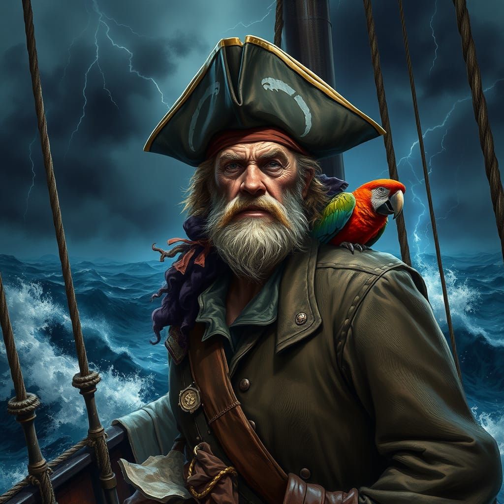 Grizzled Pirate Captain on Stormy Seas