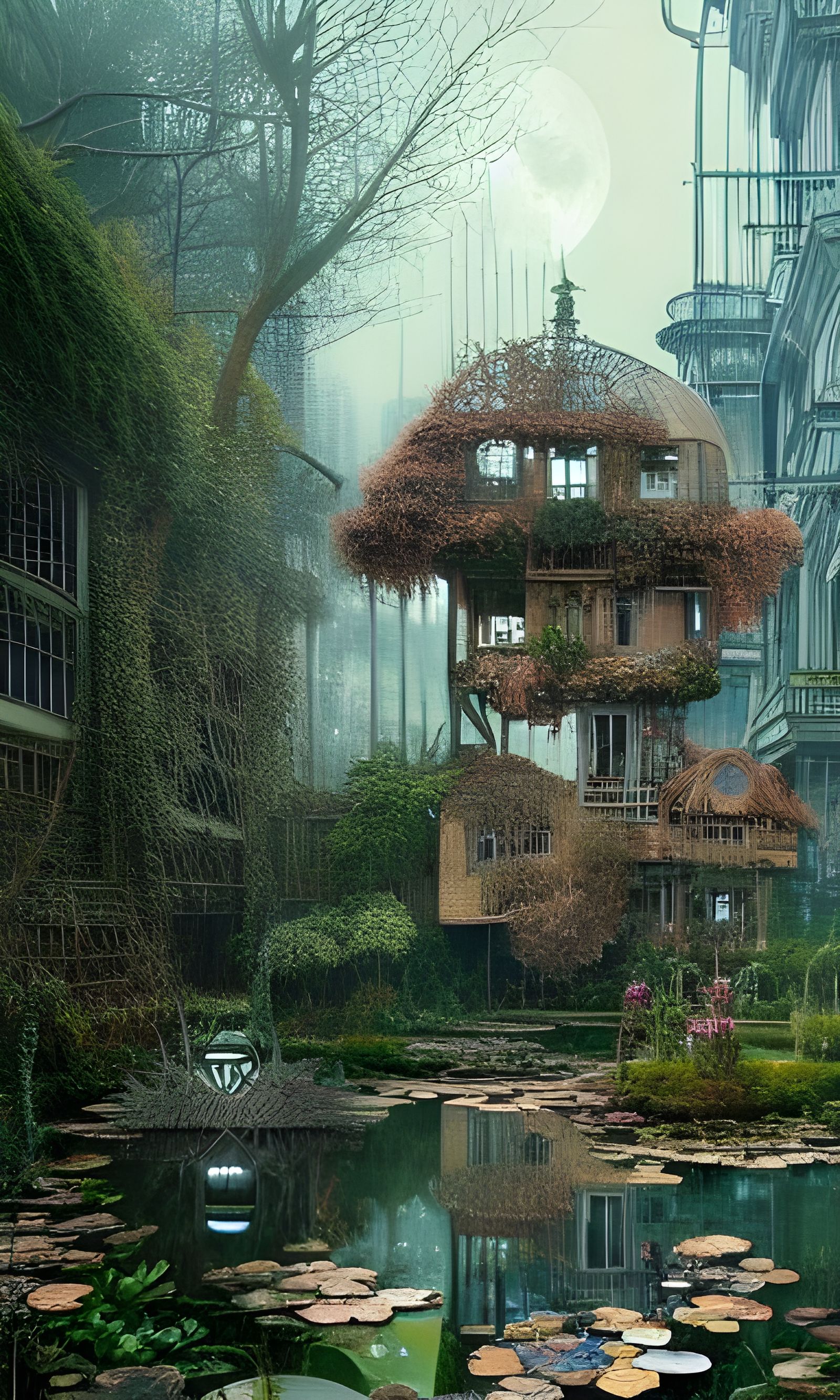 Surreal Cityscape Reflected in Overgrown Pond