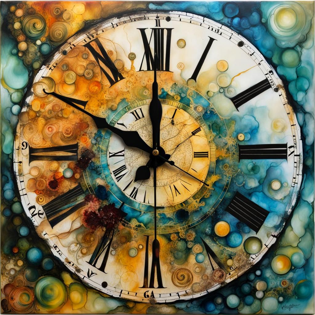 Surreal Encaustic Clock in an Alcohol Ink Style