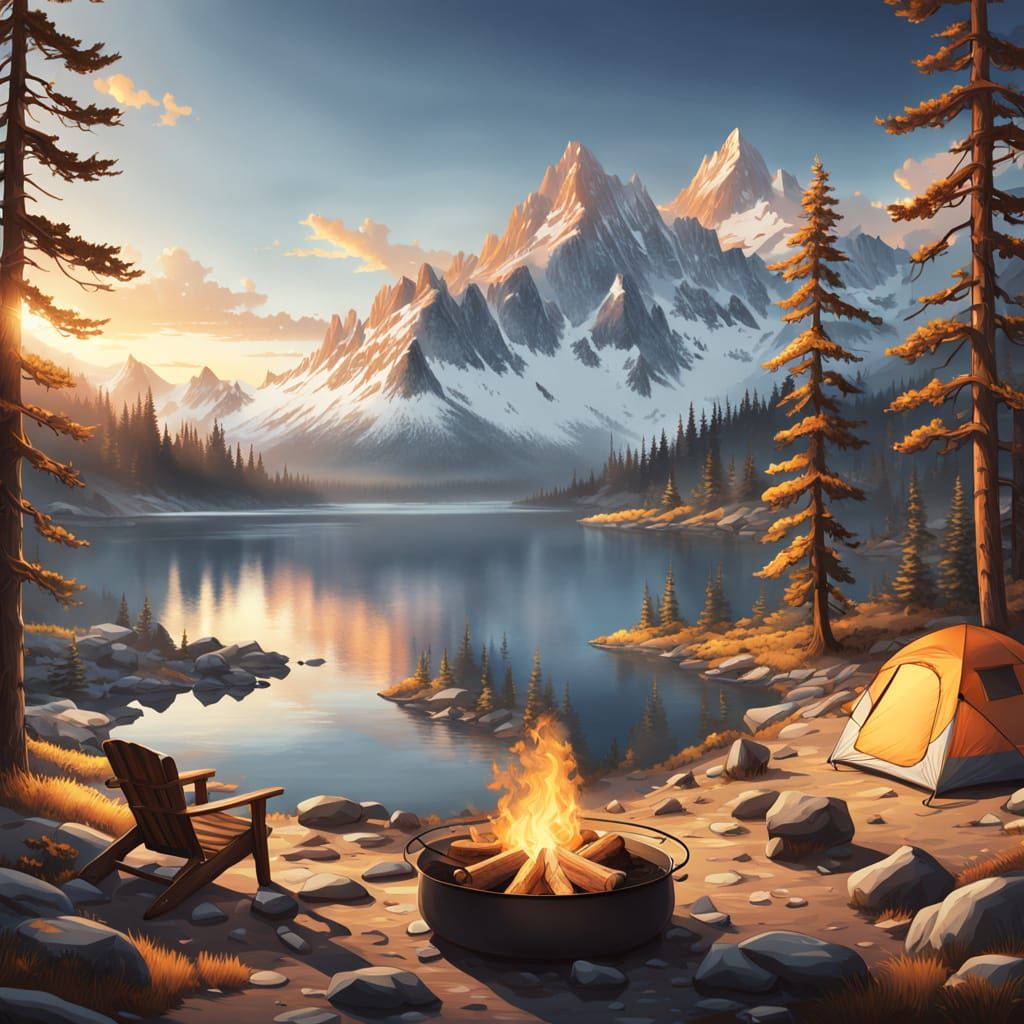 Breathtaking Alpine Lake Camping Scene in Digital Illustrati...