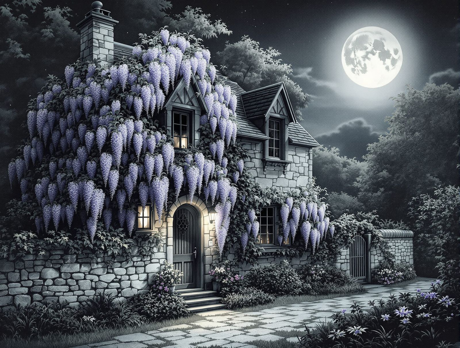 Moonlit Cottage with Wisteria in Pencil Drawing Style