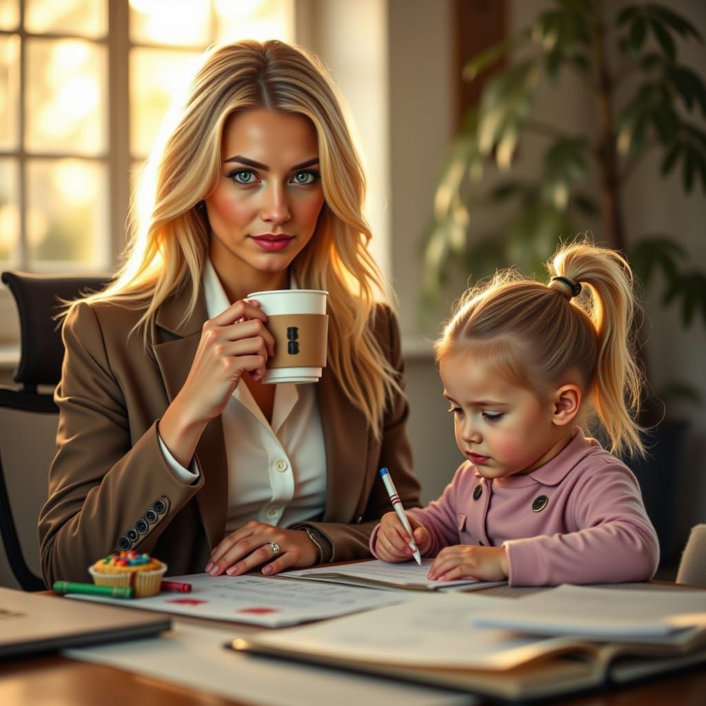 Executive Mother and Daughter in Bright Office