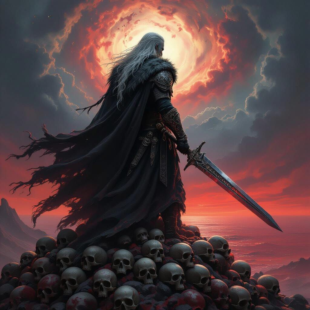 Ghostly Viking Warrior Overlooking Skull Mountain