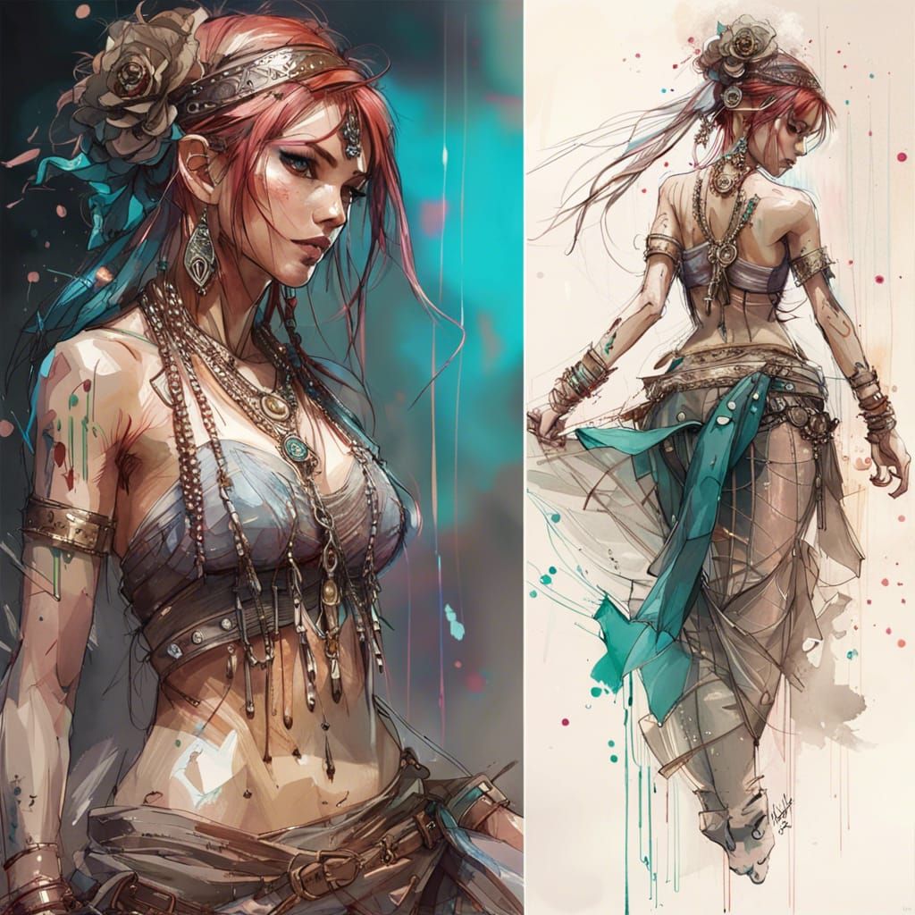 Aetherpunk Belly Dancer in Anime Sketch Style