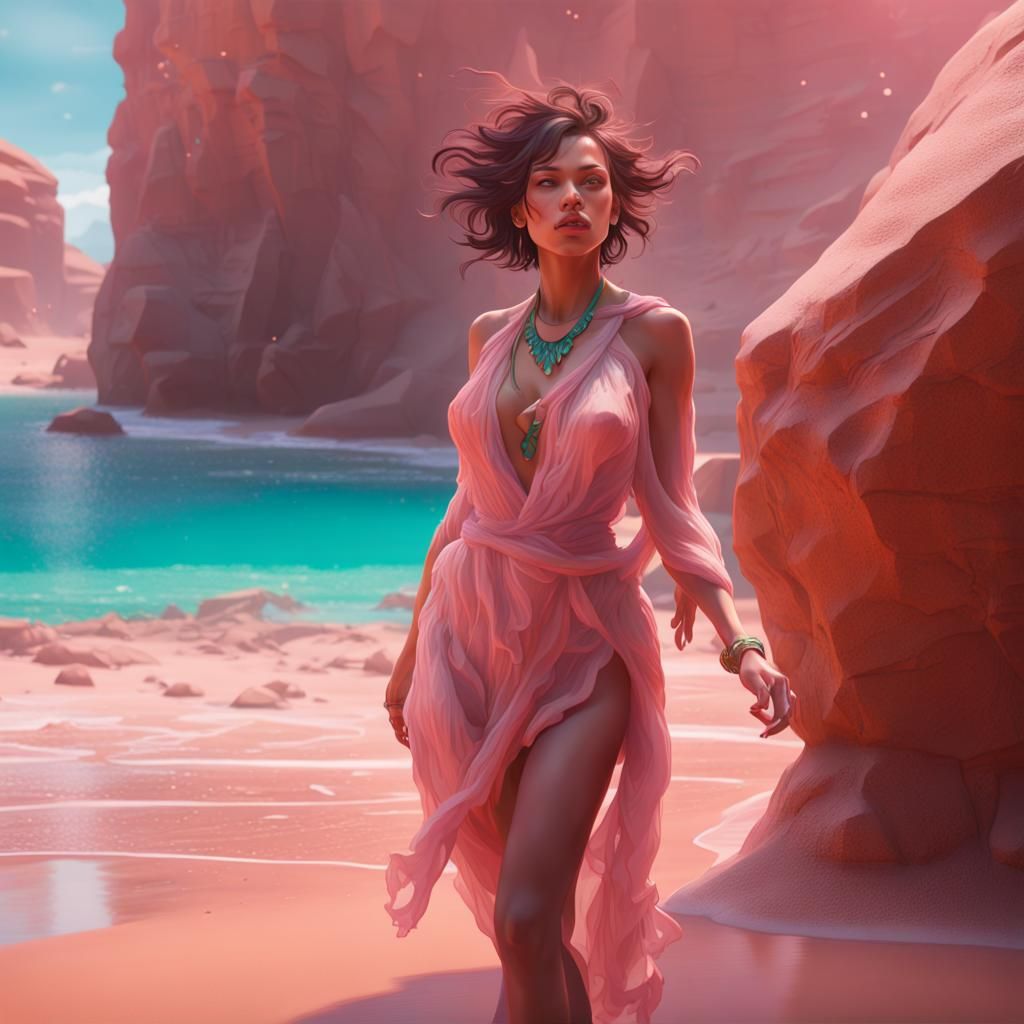 Woman on Pink Sand Beach, Hyperdetailed Concept Art