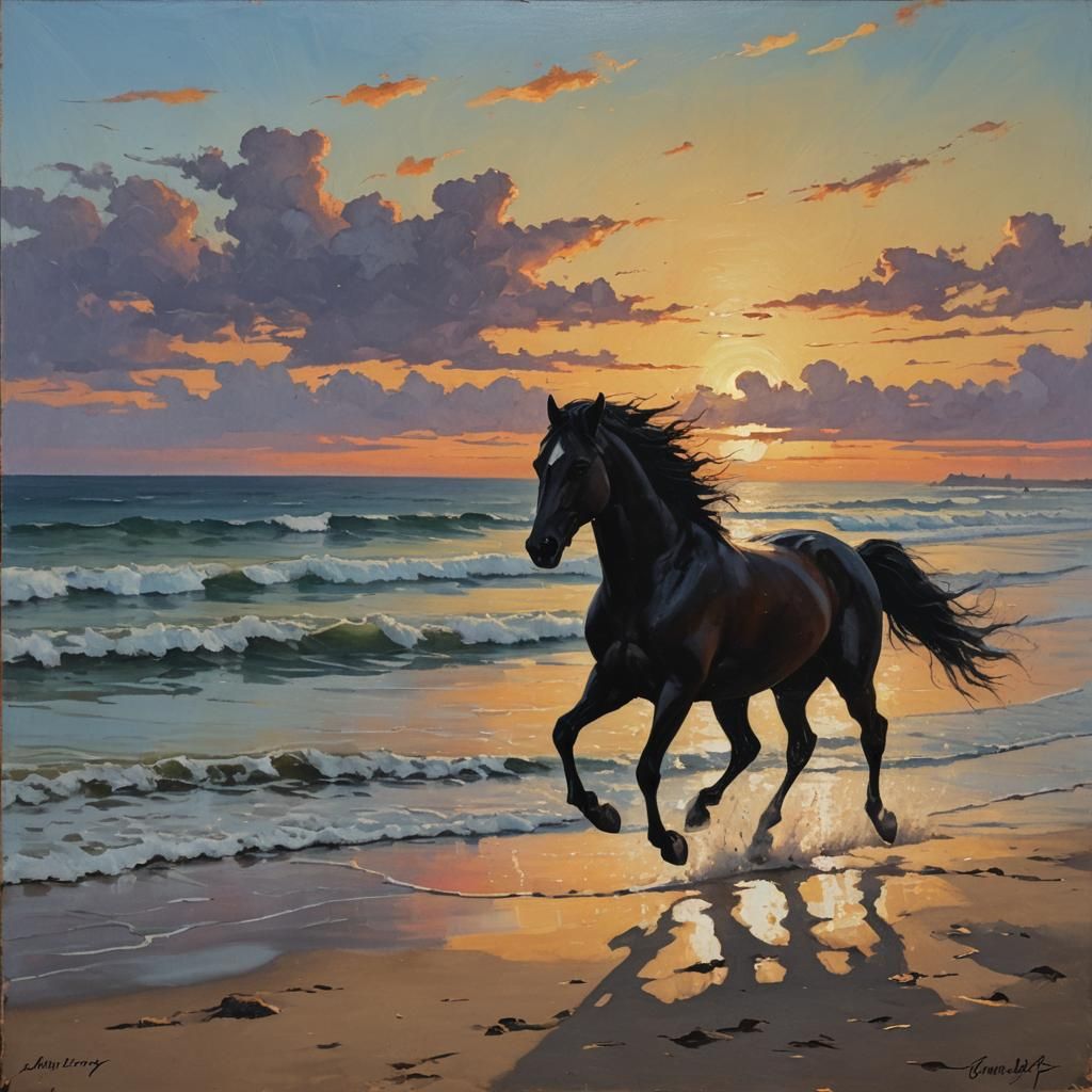 Galloping Horse Silhouette at Beach Sunset