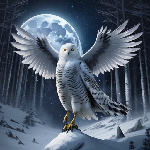 Blooper - A snowy owl flying through the forest in a moonlit...