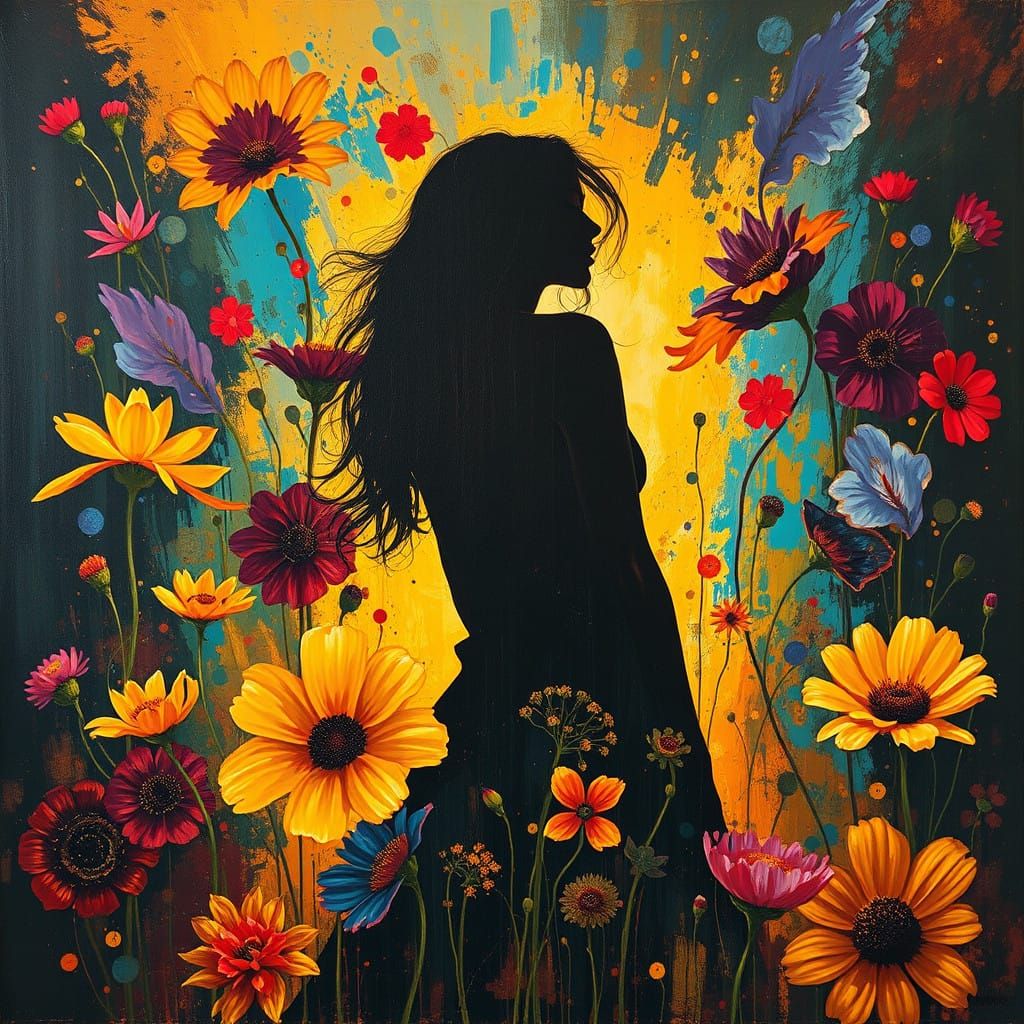 Surreal Woman Amongst Vibrant Flowers in Impasto Style