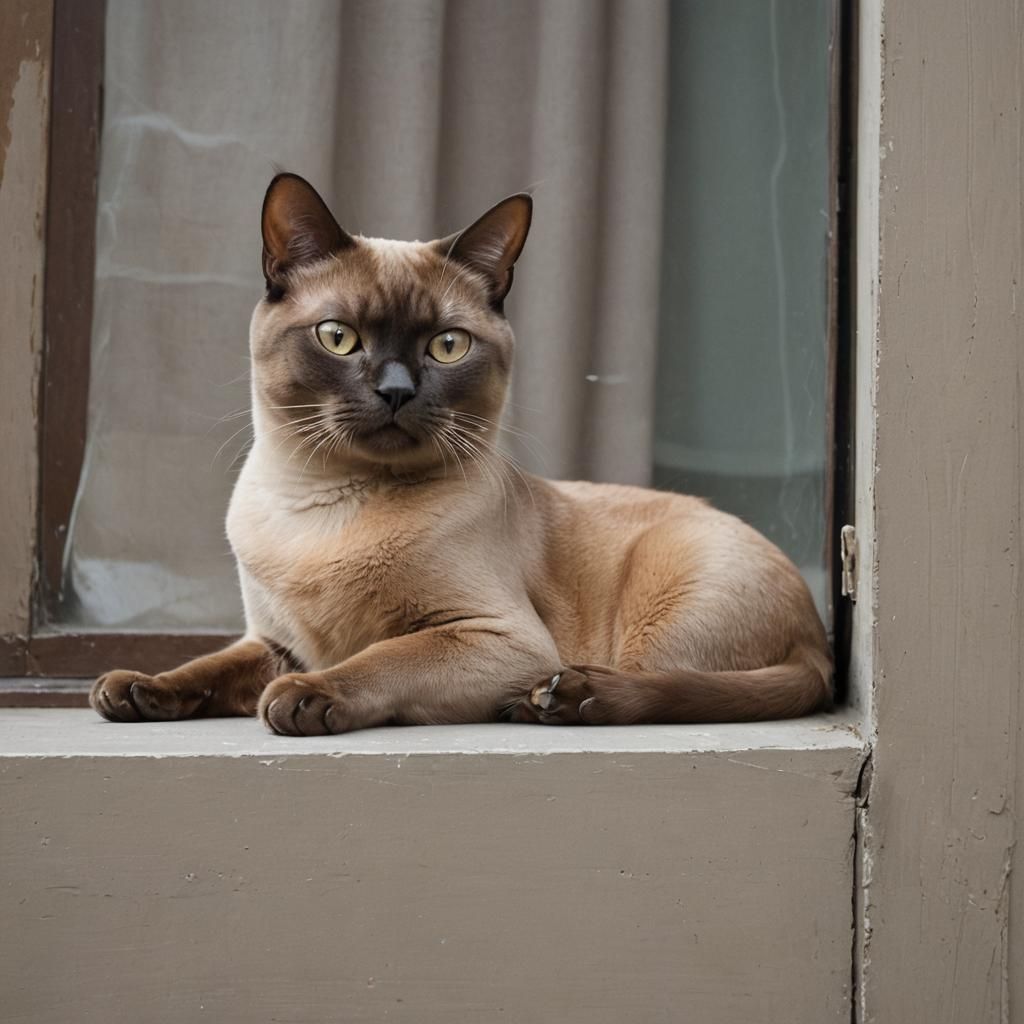 Burmese Cat Lounging on a Window Sill