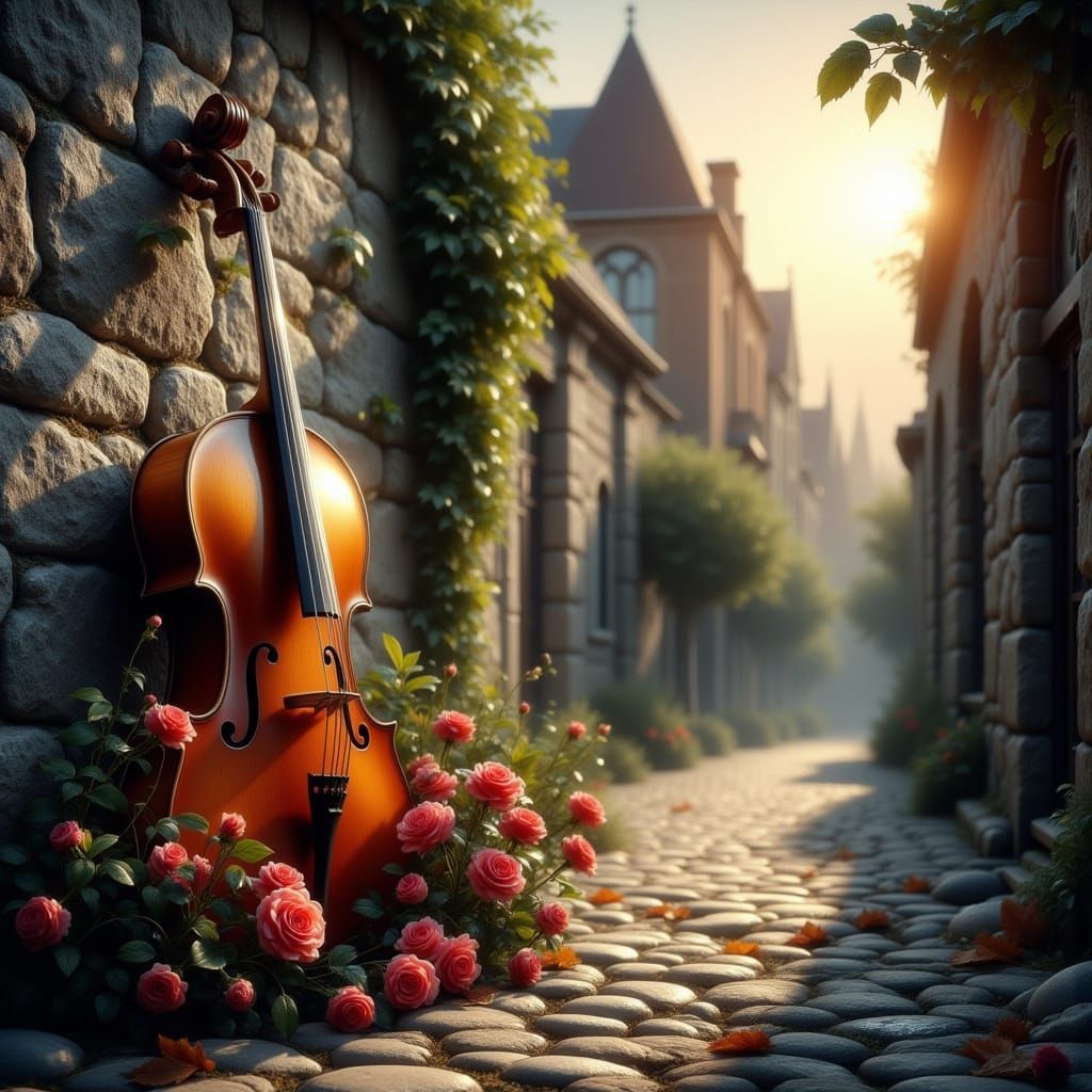 Antique Cello in Misty Alleyway with Roses
