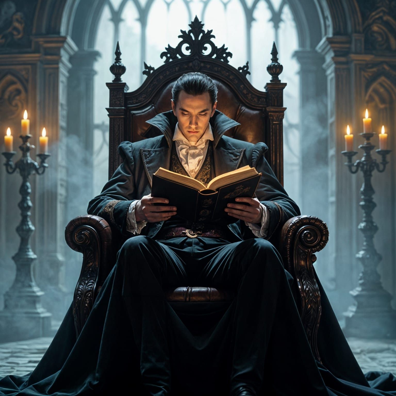 Dracula Reading on Gothic Throne in Fantasy Art Style