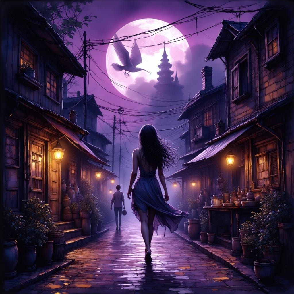 Filipina Walks to Phoenix Temple in Moonlit City