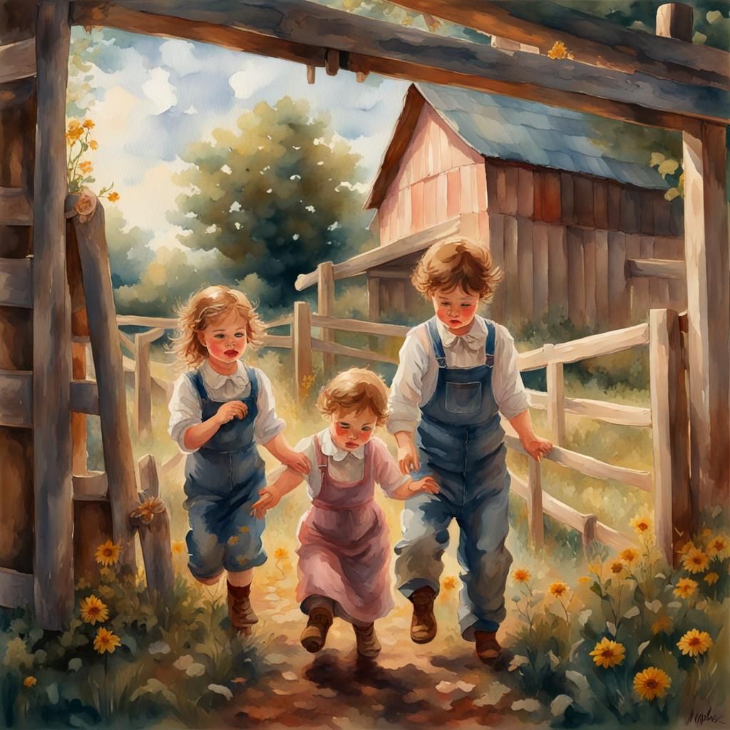 Children Playing on Farm: Watercolor Gouache Illustration
