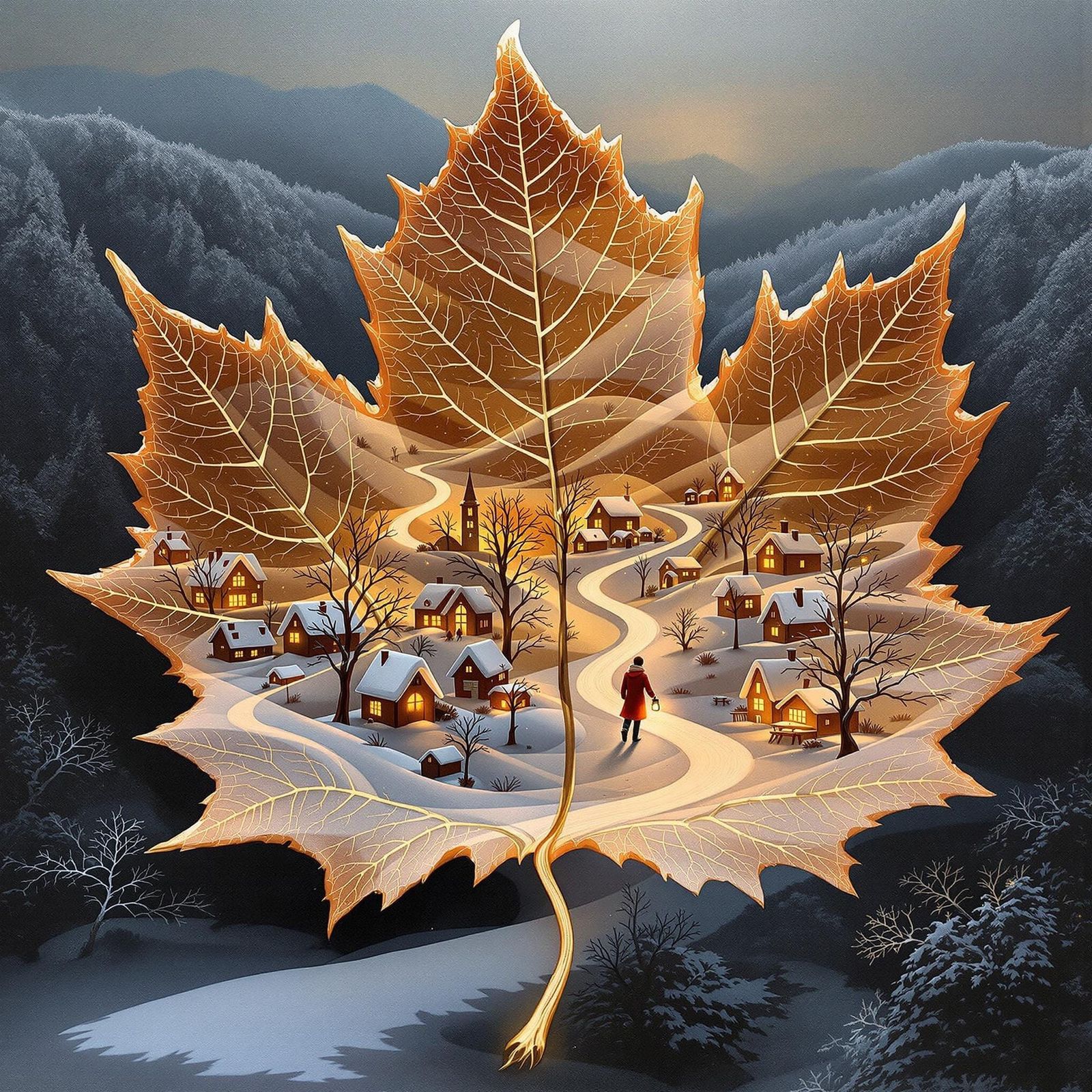 Winter Wonderland Embroidered on a Dried Maple Leaf