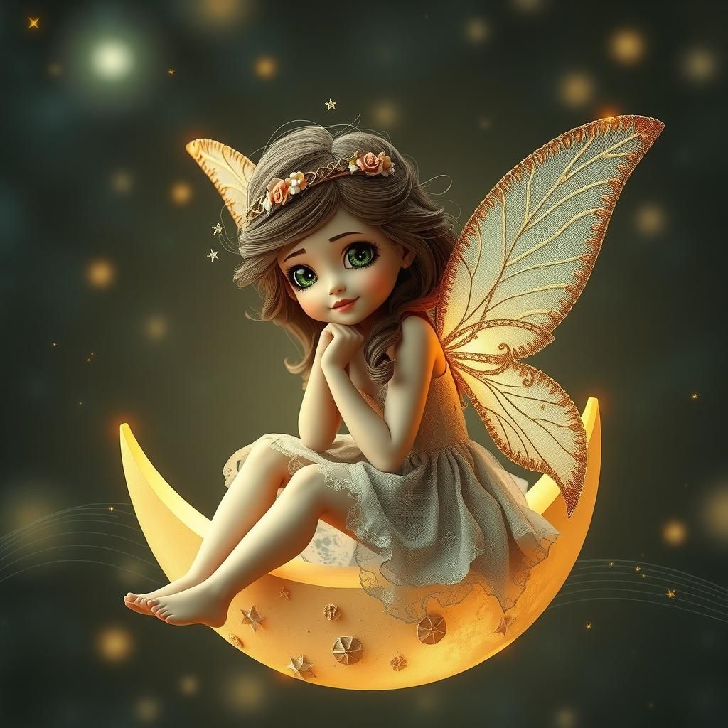 Fairy with Star Wings on Moon in Vintage Style