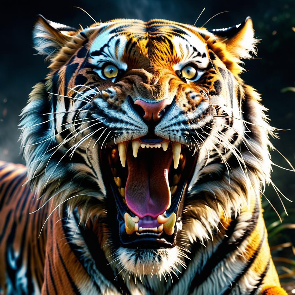 Enraged Tiger Charging: Hyper-Maximalist Digital Painting