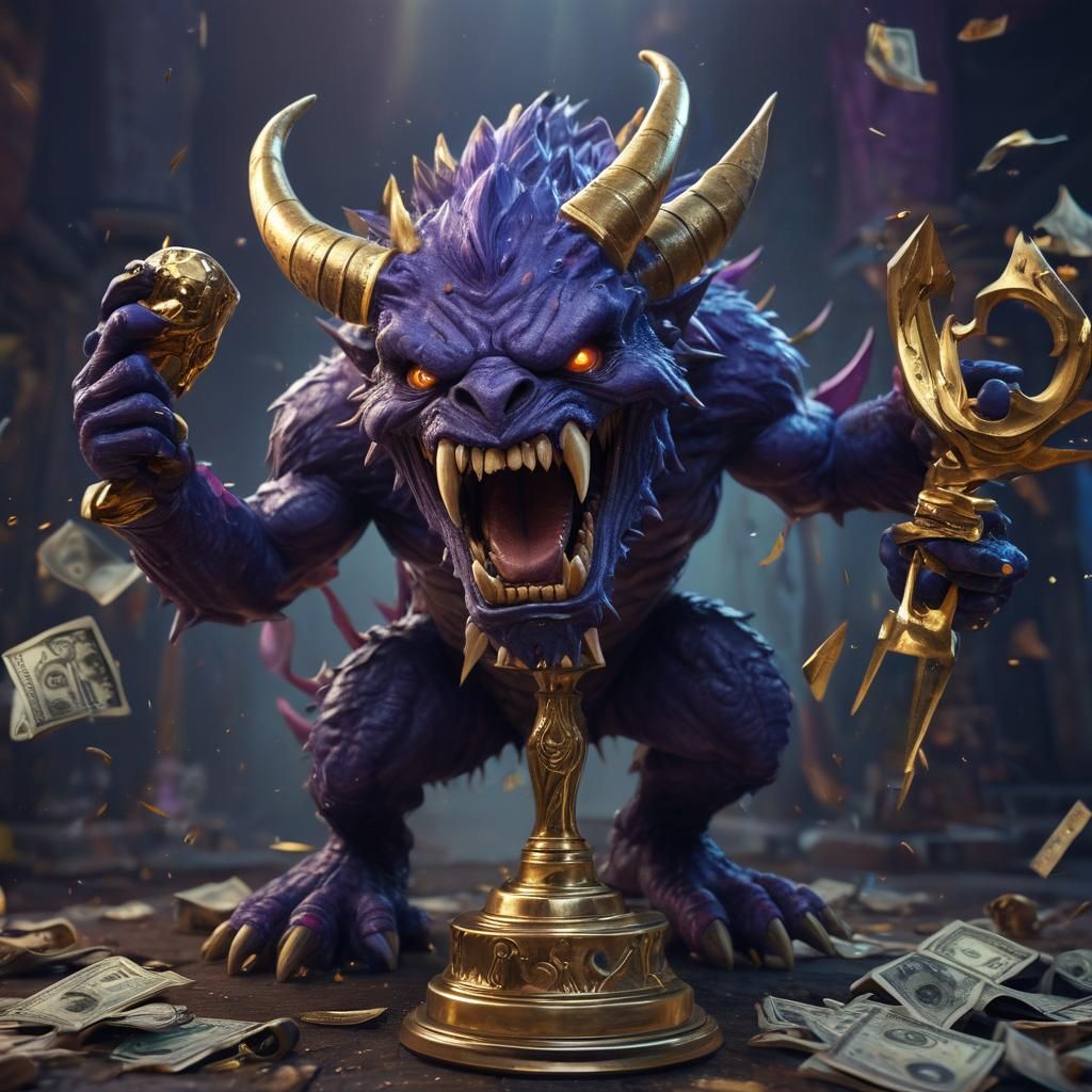 Furious Hornless Monster Celebrates Victory with Trophy