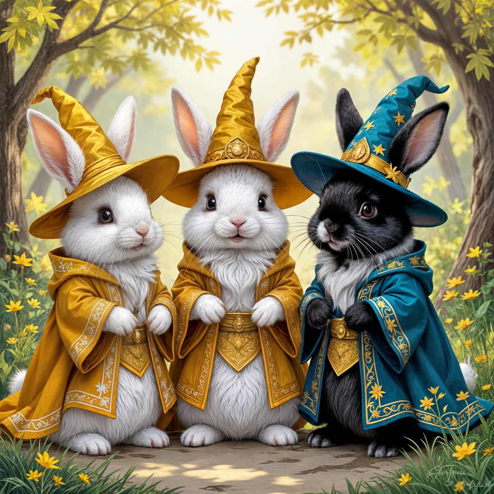 Wizard Rabbits in Golden Robes and Hats