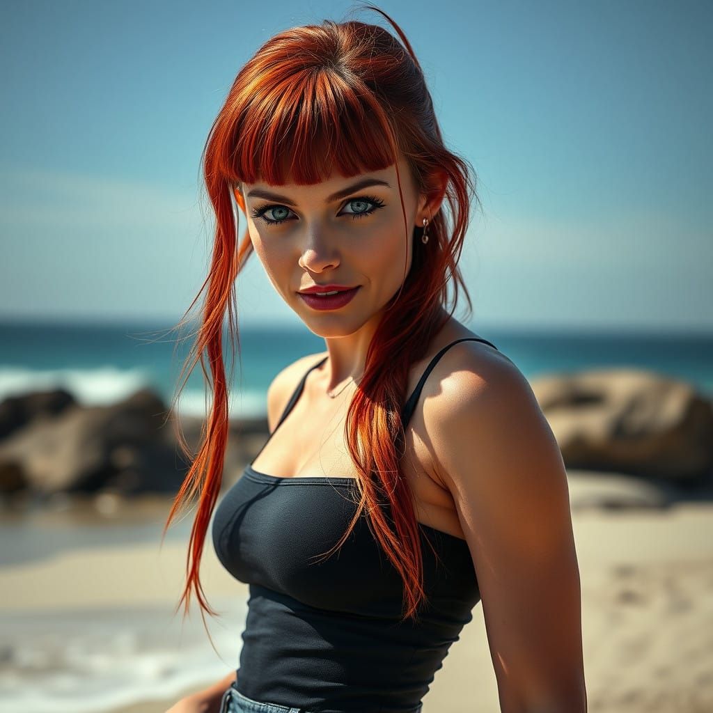 Athletic Woman in Moody Beach Scene, Fiery Red Hair and Pier...