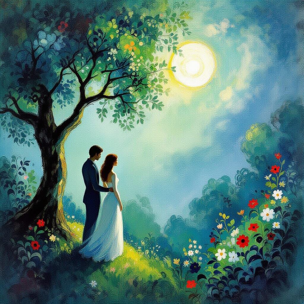 Adam and Eve in Eden as Dreamy Surrealist Painting