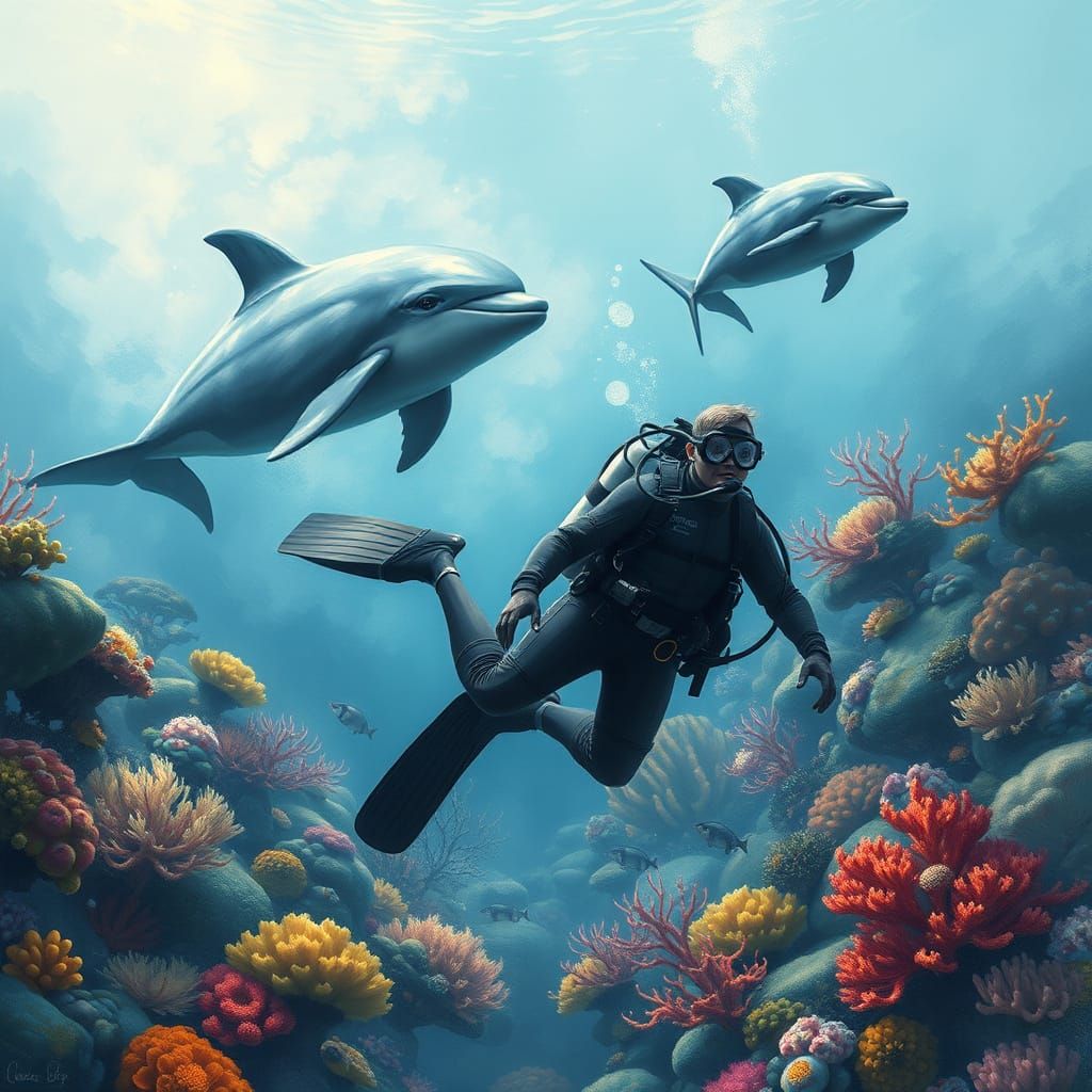 Diver's Peaceful Encounter with Dolphin and Whale