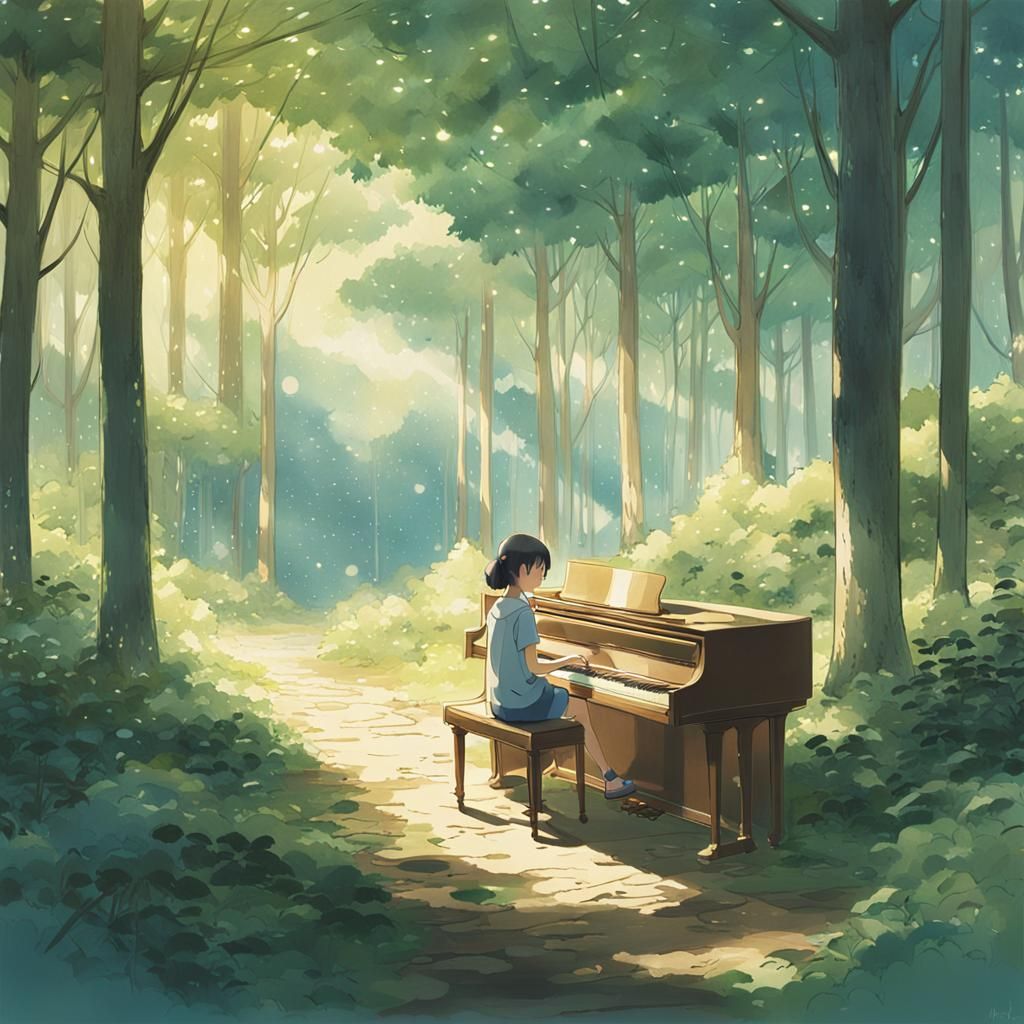 Anime Girl at Piano in Forest Clearing