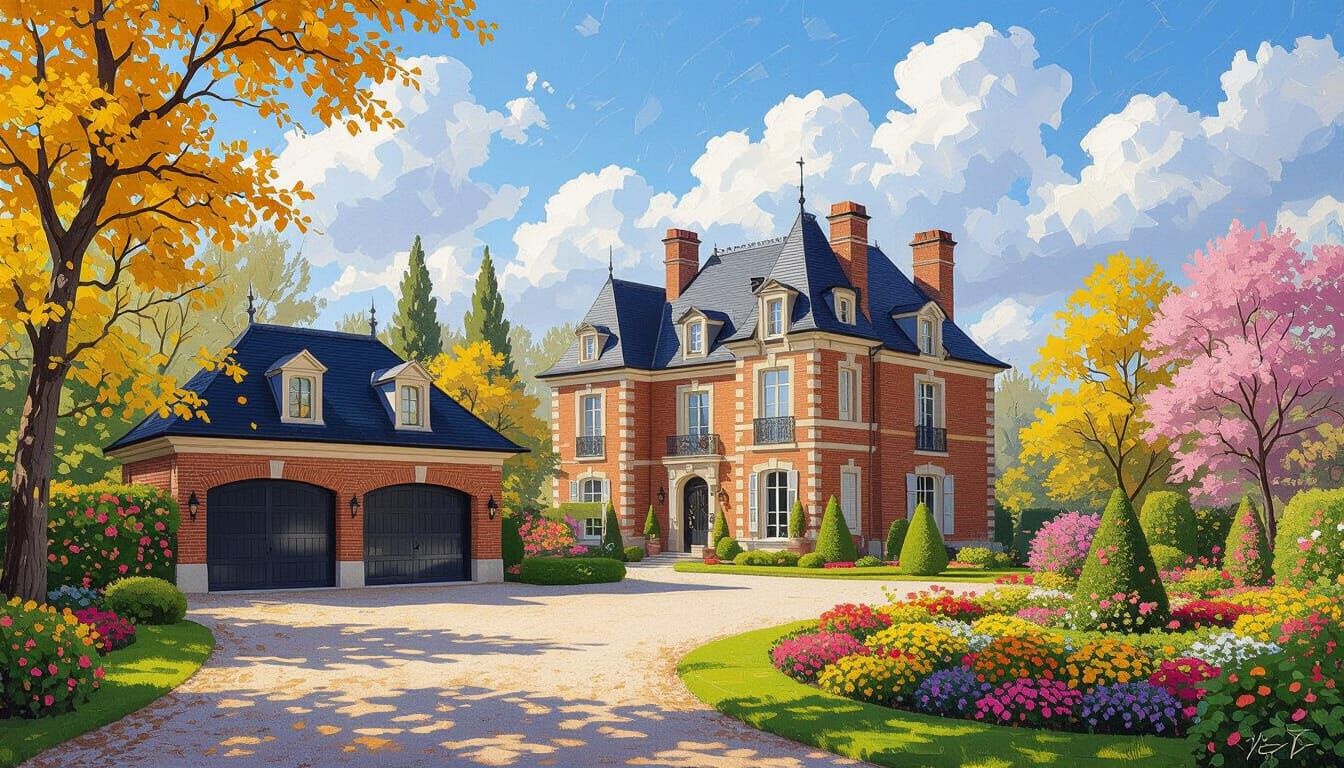Grand Brick Chateau Amidst Vibrant Monet-Inspired Garden