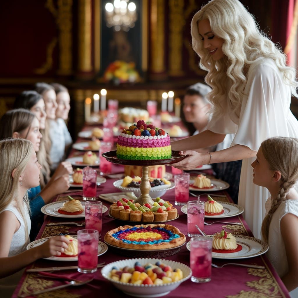 Elegant Blonde Woman Serving Food at Royal Table