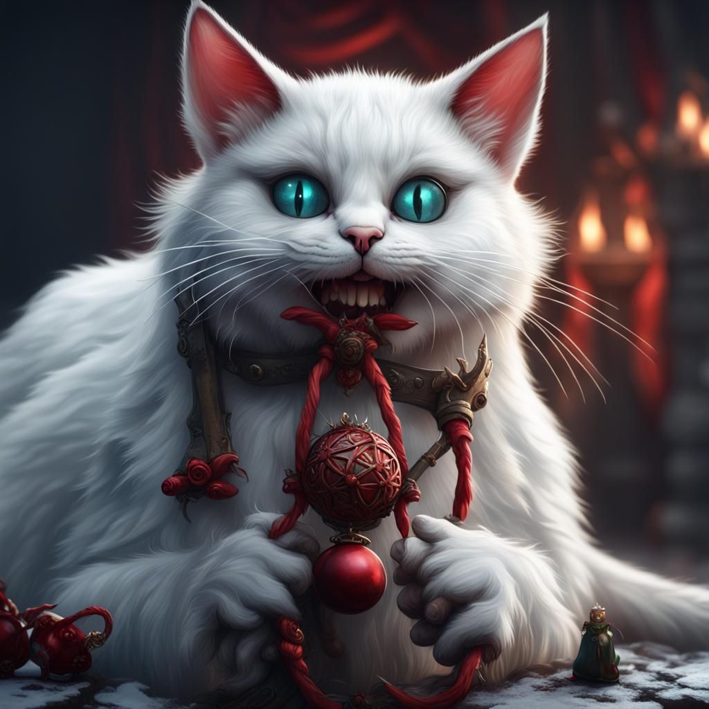 White Cat with Krampus Doll, Detailed Digital Painting