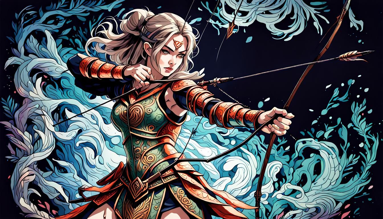 a female warrior poised to take a shot with her bow and arrow while hunting on foot in a dense forest. The art should re...