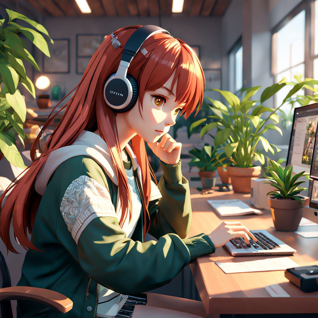 Surreal Modern Office Scene in Anime Style