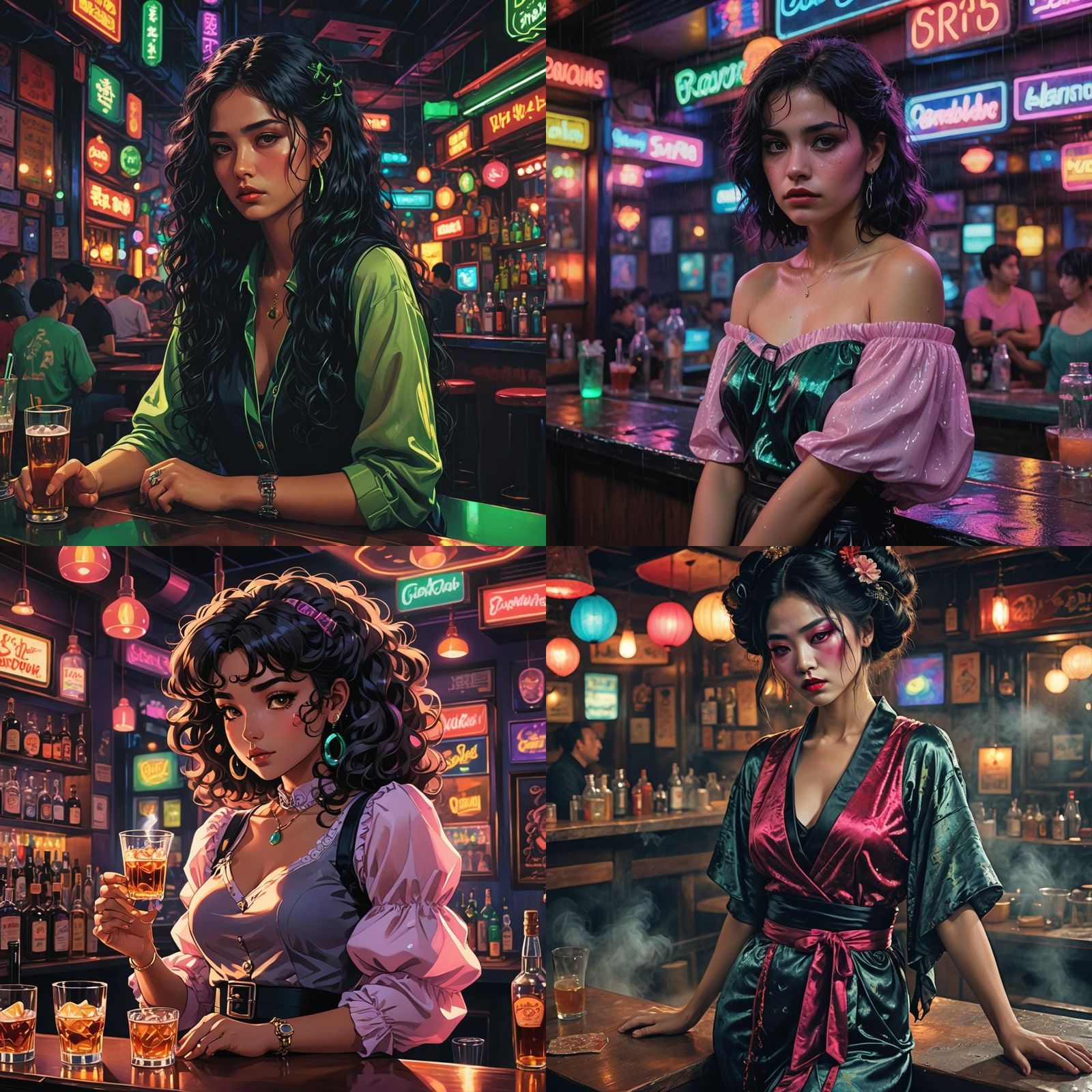 Sad Anime Woman in Neon Bar, Wong Kar Wai Style