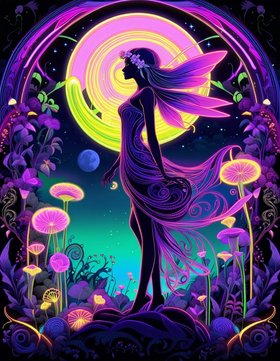Neon Fairy in UV Garden: Digital Art