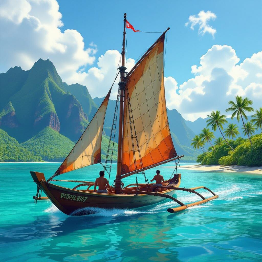 Polynesian Canoe Gliding Near Hawaiian Island as Digital Mat...