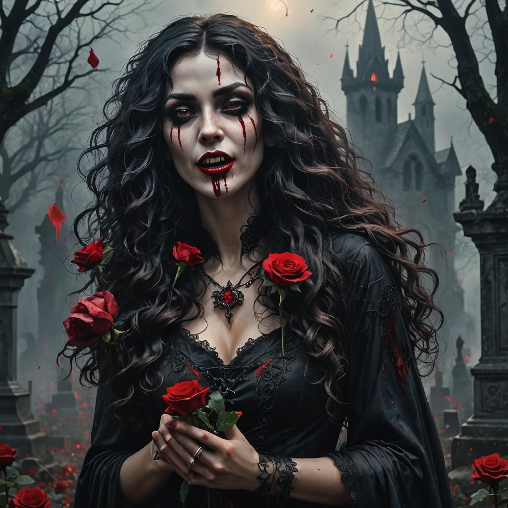 Vampire Girl in Graveyard: Gothic Dark Fantasy Art