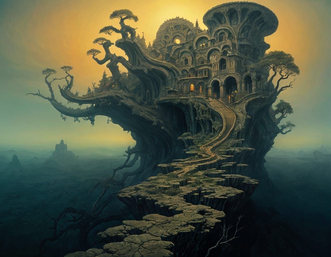 Surreal Landscape Inspired by Escher, Beksinski, and Giger