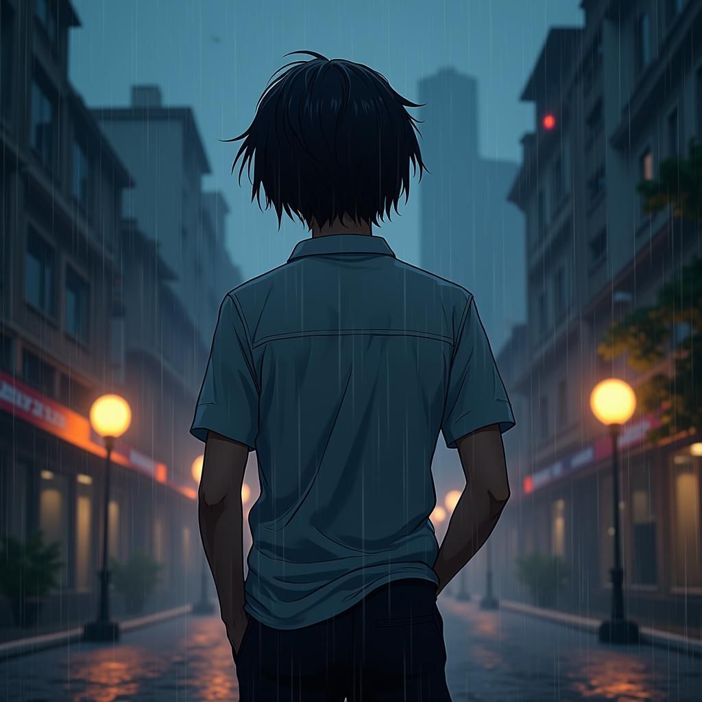Melancholy Anime Boy in Rainy Cyberpunk Cityscape