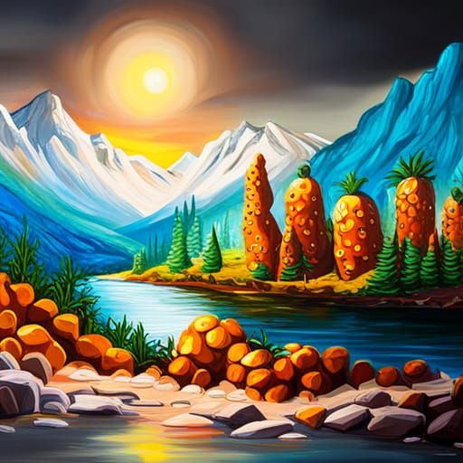 Golden Pineapple Cityscape in Graffiti Art Style