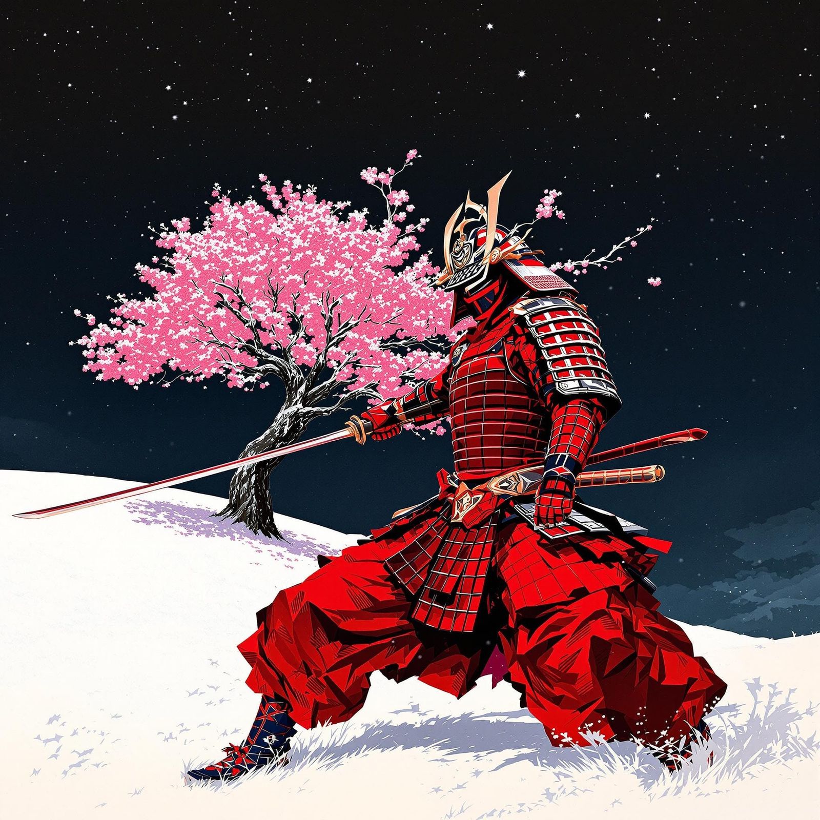 Crimson Samurai in Snowy Night Stance