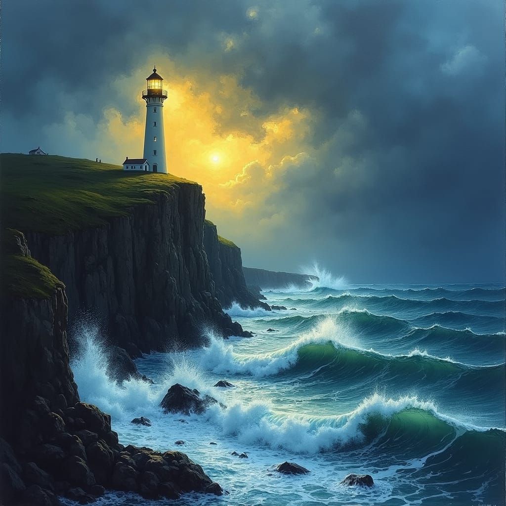 Lighthouse Pierces Stormy Night in Watercolor Style