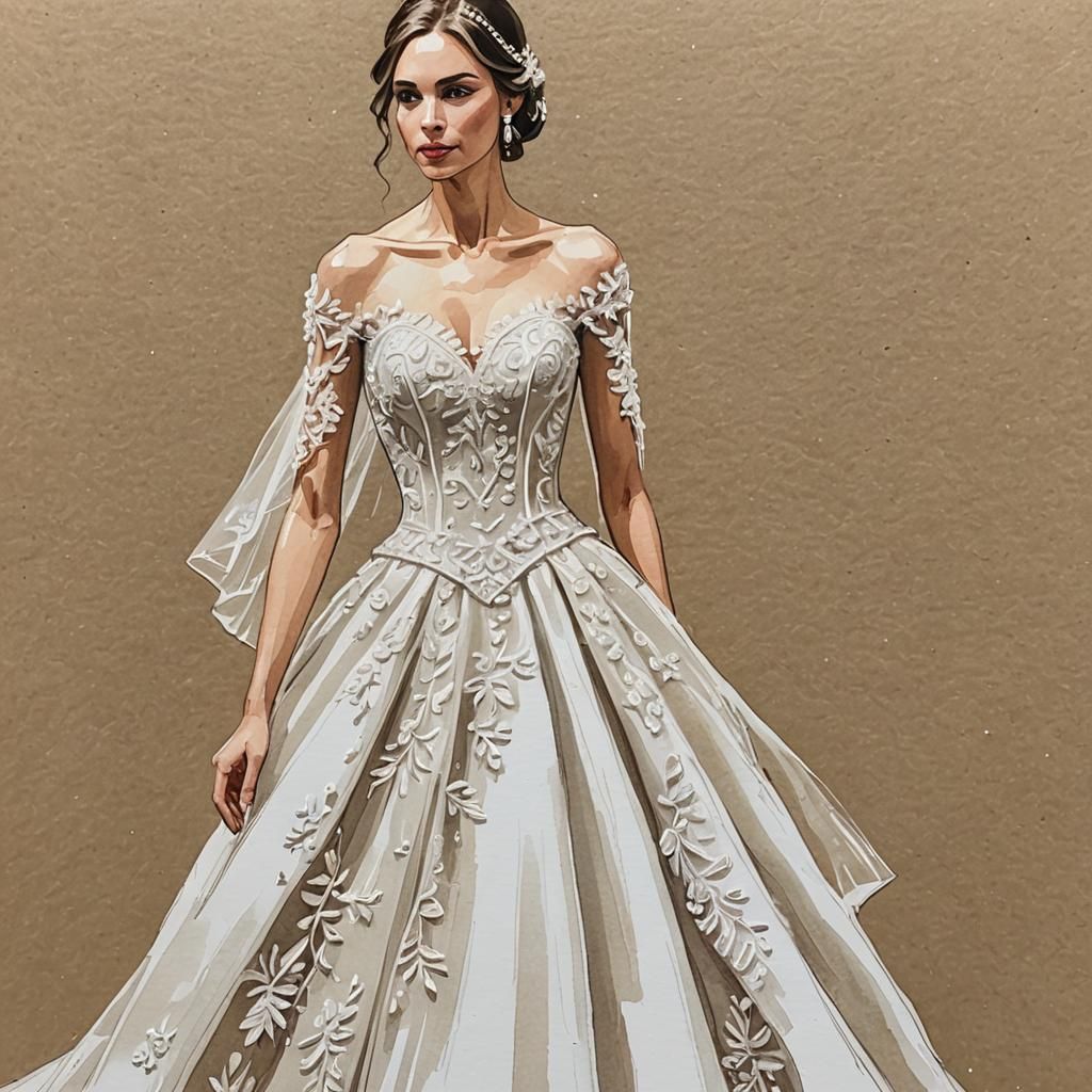 Detailed Gouache Painting of Wedding Dress Sketch