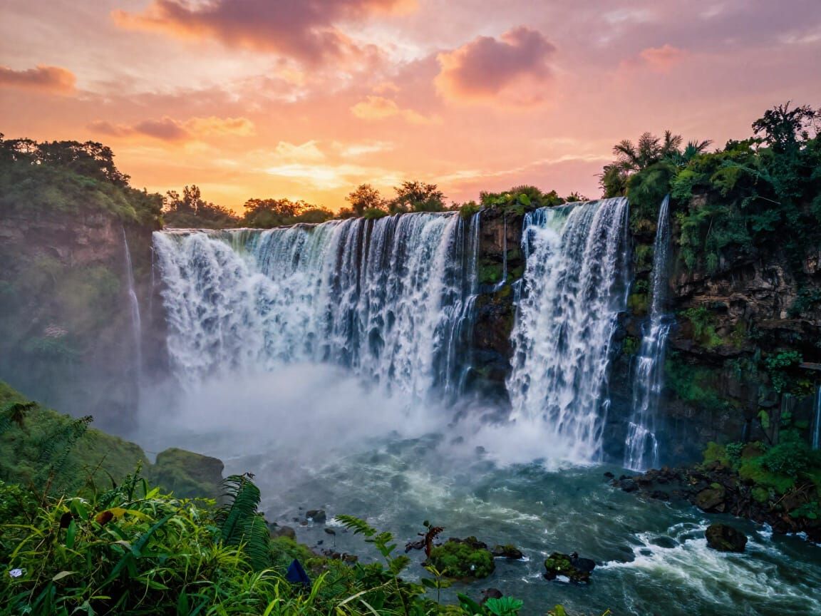 Majestic Waterfall at Sunset in Landscape Photography Style