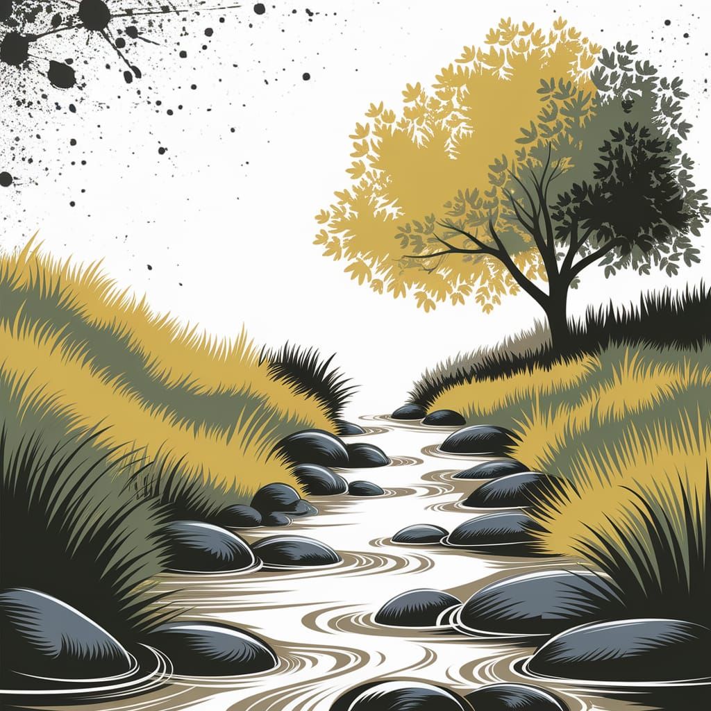 Serene Stream in Whimsical Illustration Style