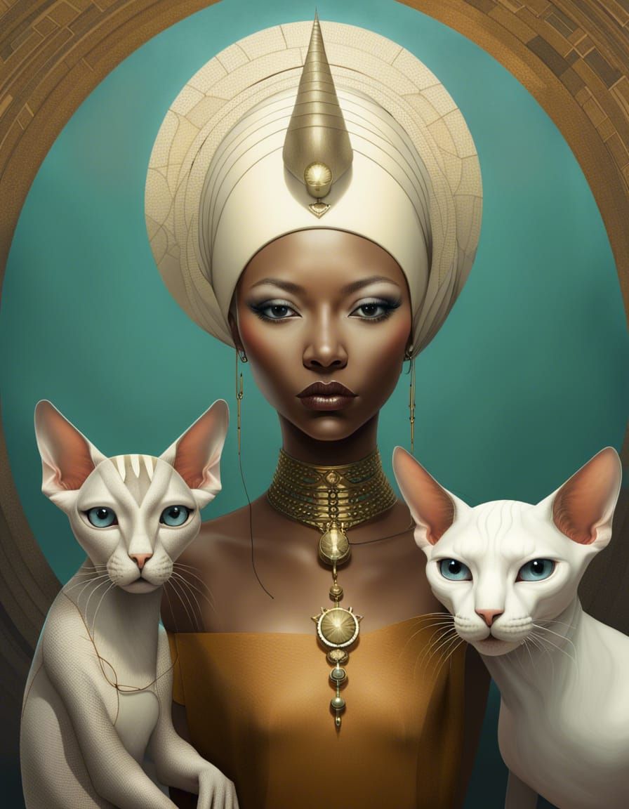 Woman and Sphynx Cats in Pop Surrealism Style