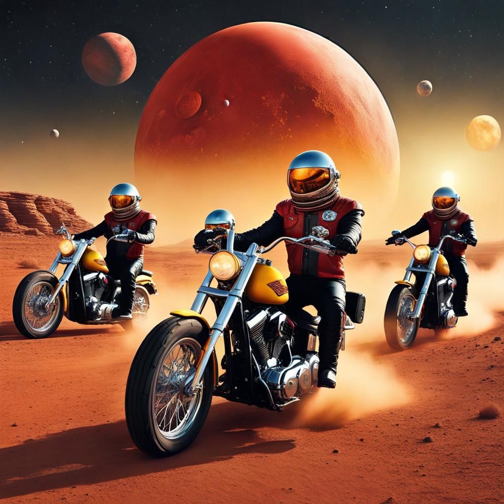 Astronaut Bikers Ride to Martian Town