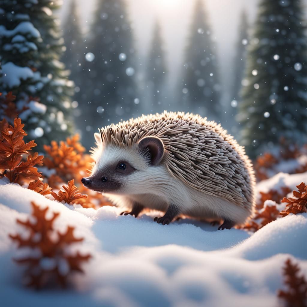 Cute Hedgehog in Snowy Forest: Fantasy Concept Art